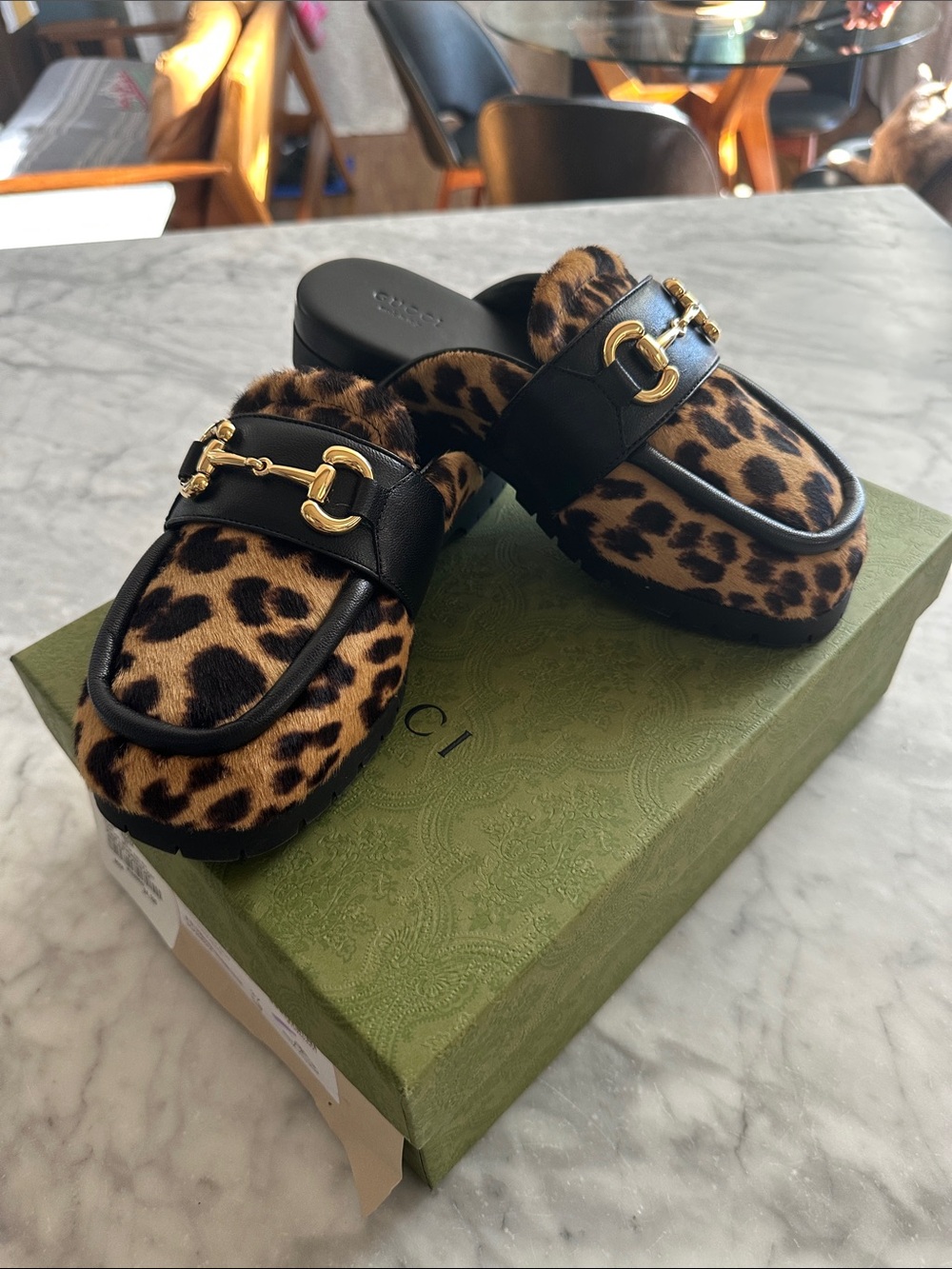 Gucci Leopard Print Fur Backless Loafers w/ Black Leather & Gold Bit size 37 NWT - Picture 6 of 6